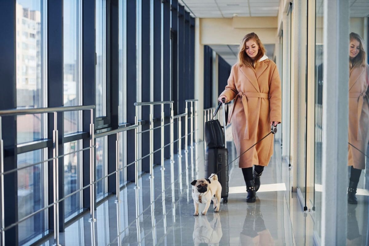 Young female passenger in warm clothes walking with her dog in airport hall-Pet-Friendly Airports