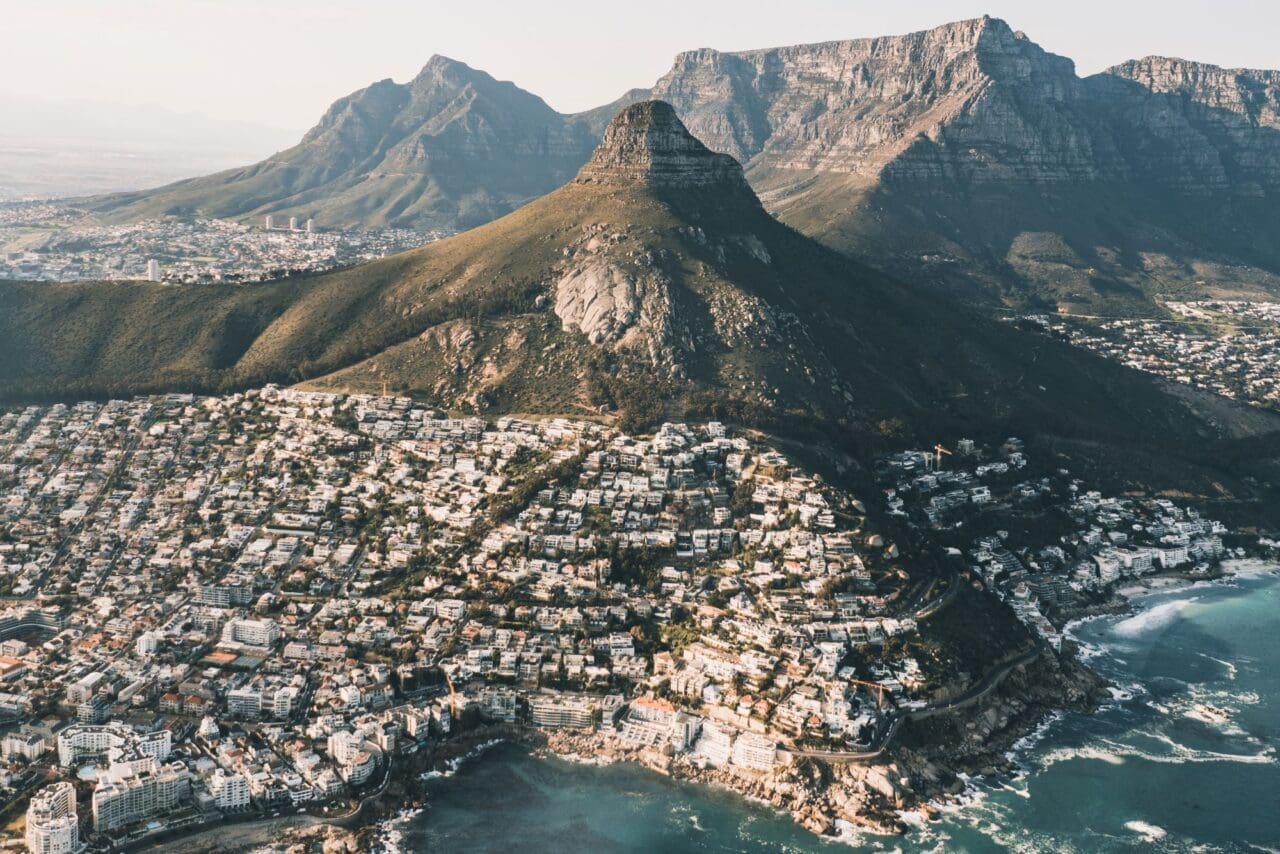 Aerial view of table mountain and lions head in cape town south africa